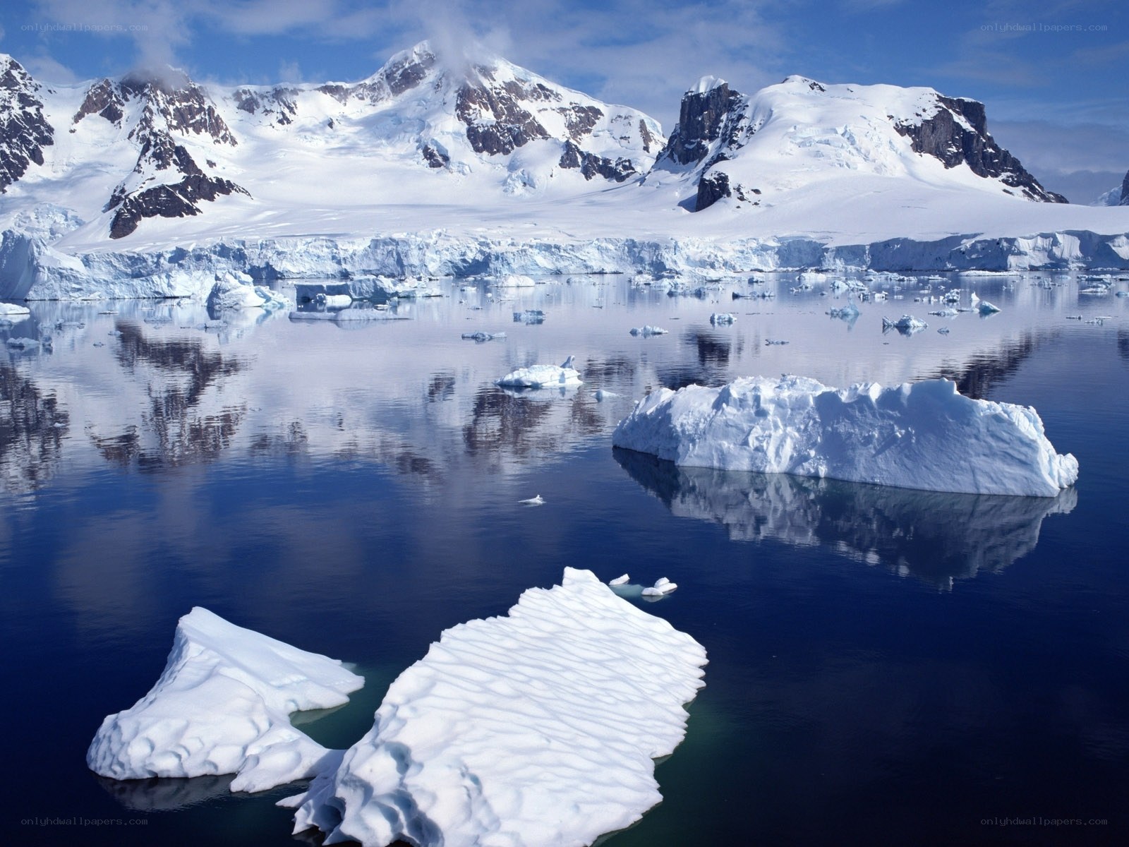 Antarctic icebergs and mountains
