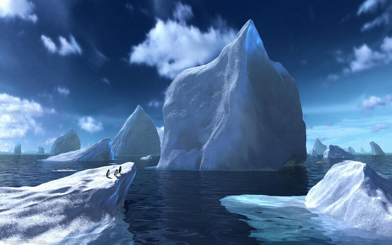 Antarctic icebergs and penguins