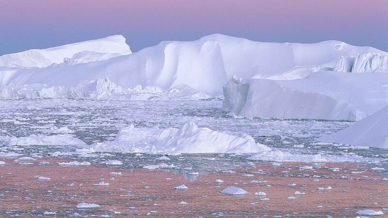 Antarctic icebergs at dusk