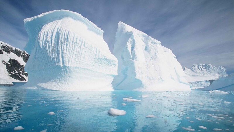 Antarctic icebergs floating in blue water