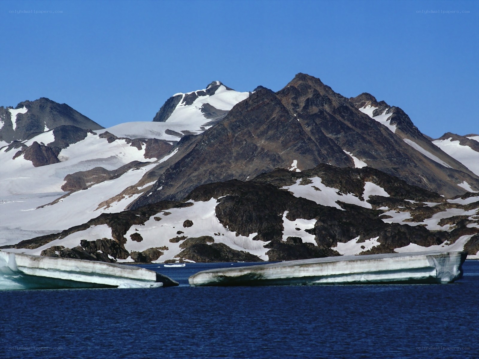 Antarctic mountains and icebergs