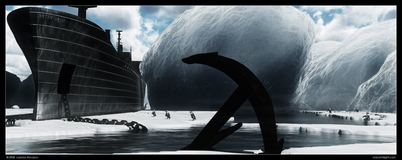 Antarctica ship and penguins