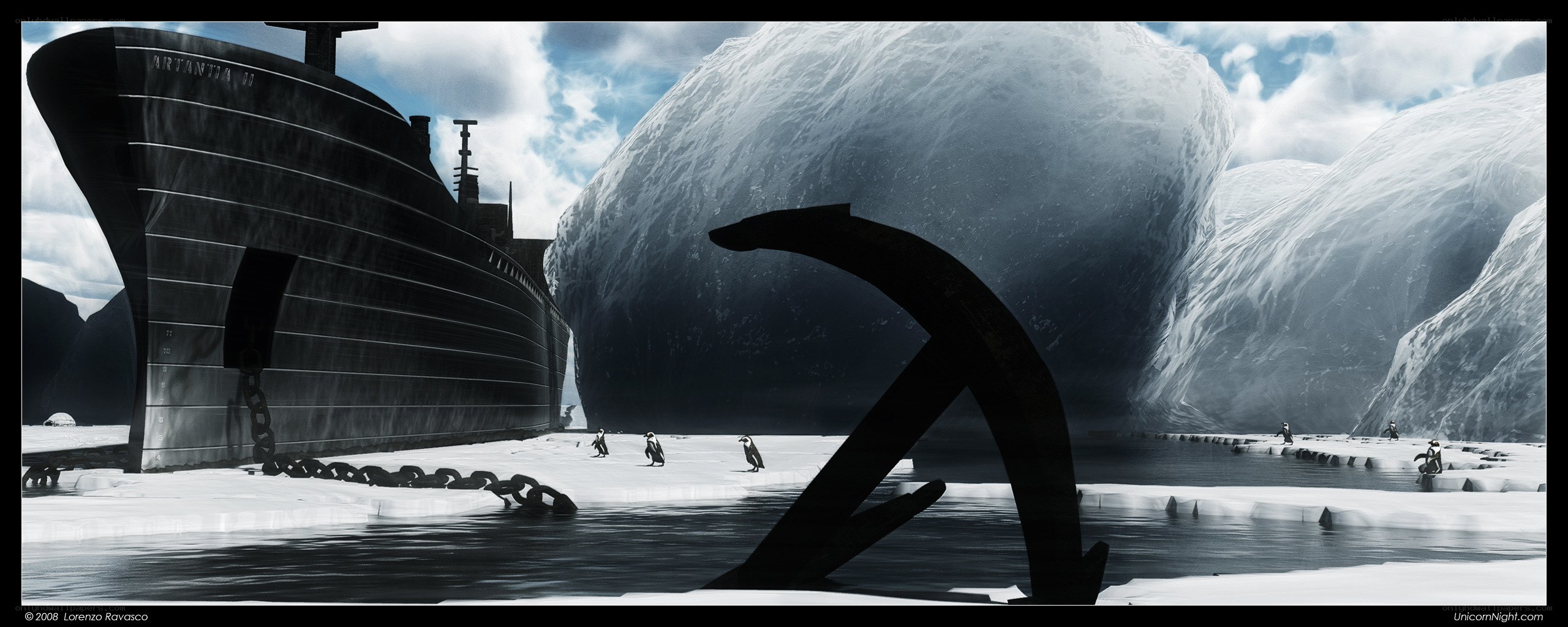 Antarctica ship and penguins