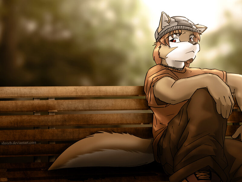 anthro fox on a bench