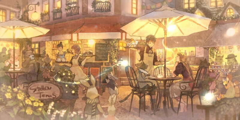 Anthropomorphic Animals at Cafe — Yellow, Cozy