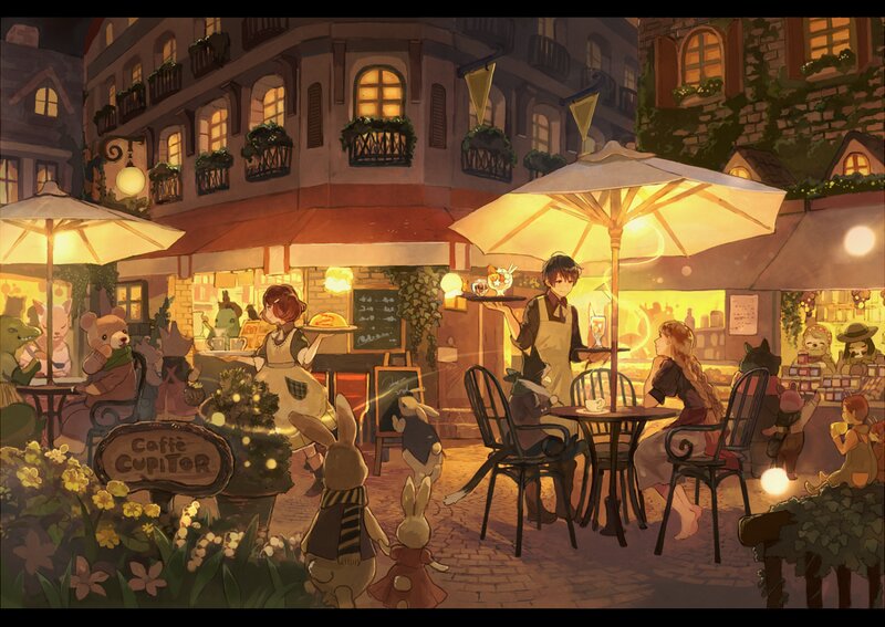 Anthropomorphic Animals at Cafe — Yellow