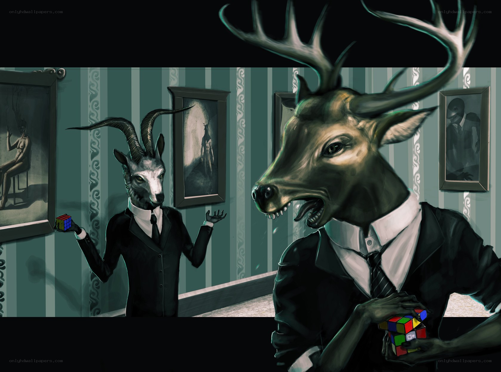 anthropomorphic animals with rubik's cubes