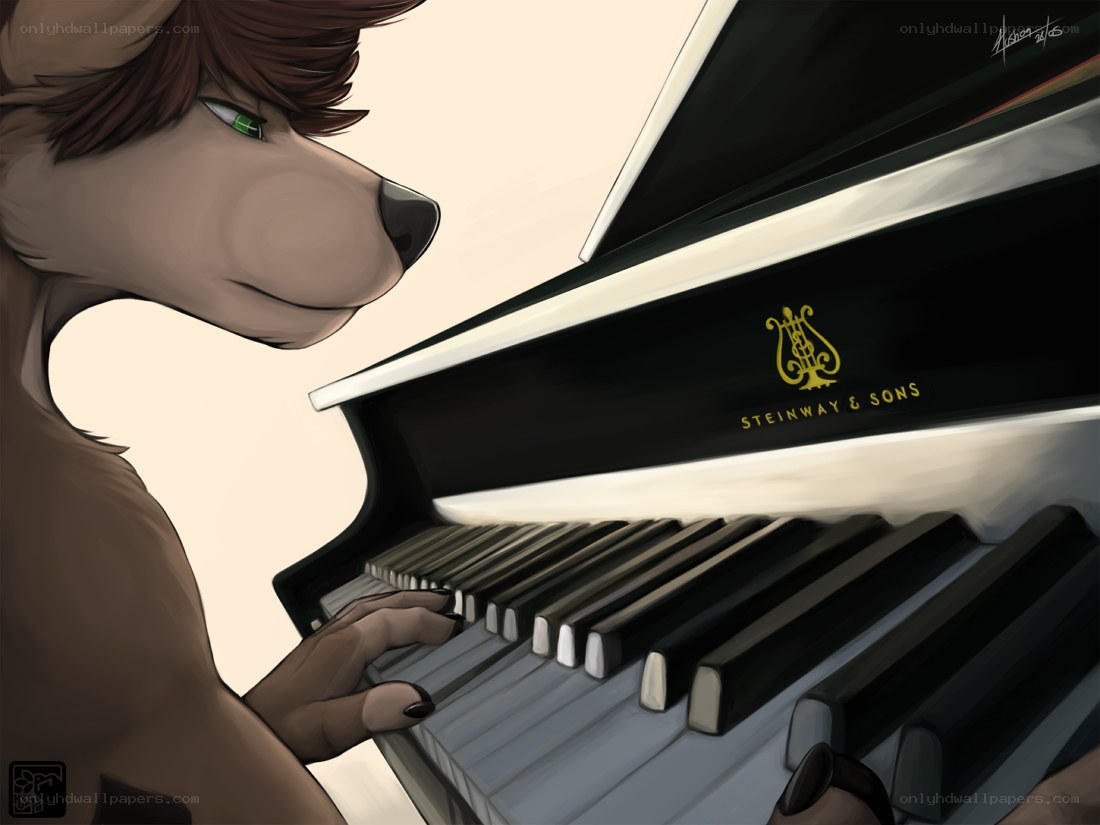 anthropomorphic bear playing piano