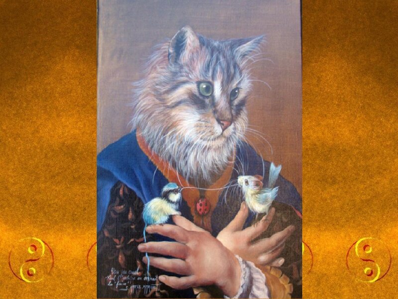 Anthropomorphic Cat Holding Birds