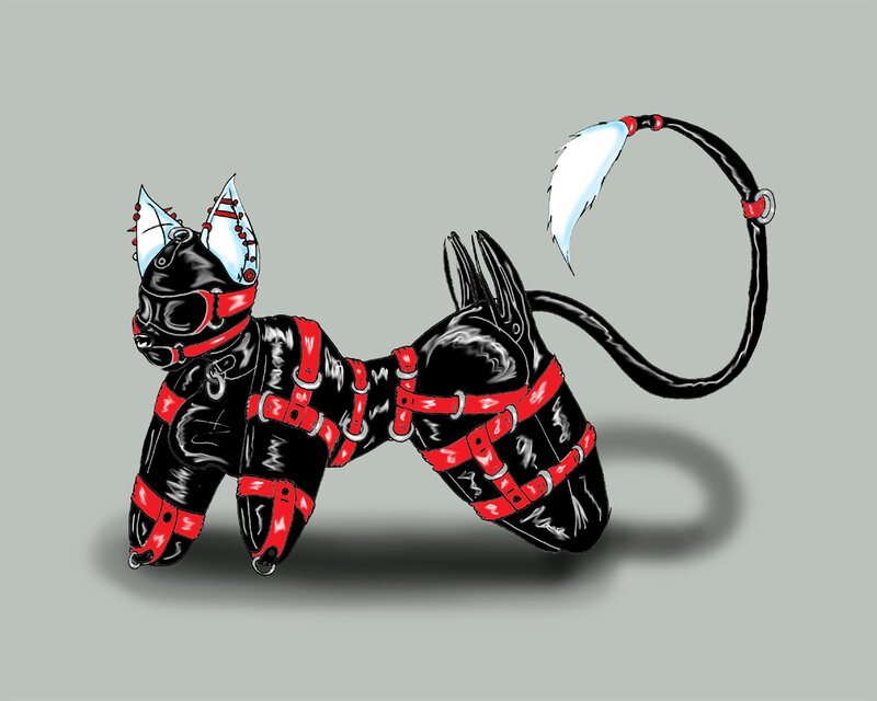 anthropomorphic cat in harness