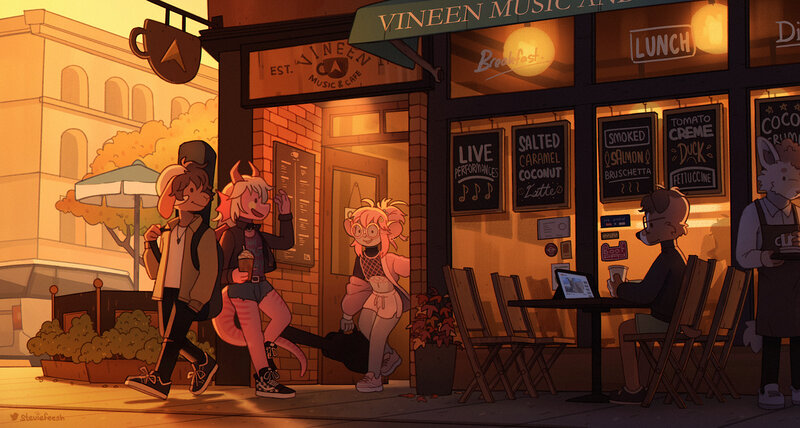 Anthropomorphic Characters Outside Cafe