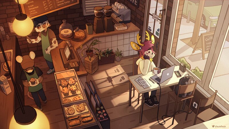 Anthropomorphic Deer in Cafe