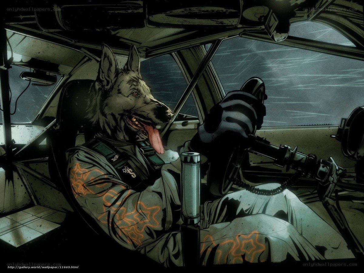 anthropomorphic dog in car