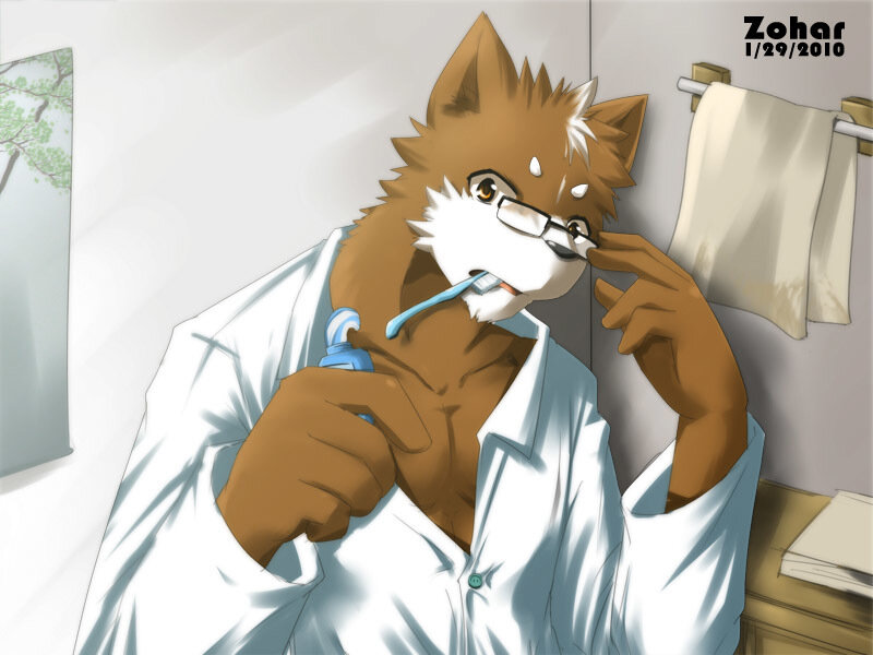 Anthropomorphic Fox Brushing Teeth