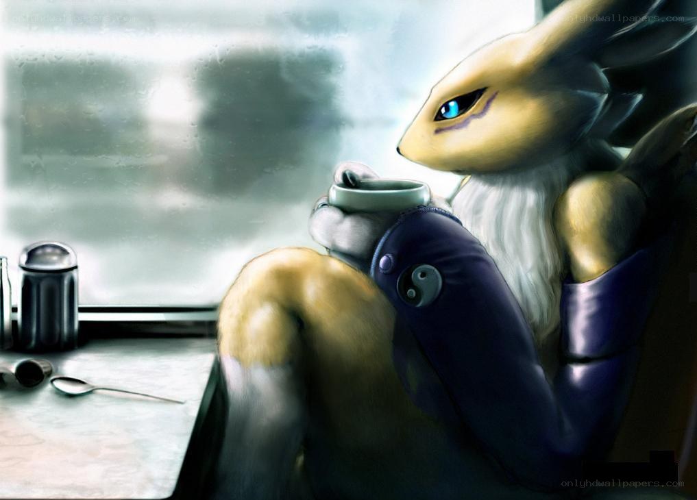 anthropomorphic fox drinking tea