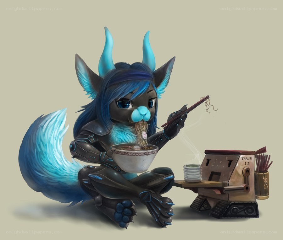 anthropomorphic fox eating noodles