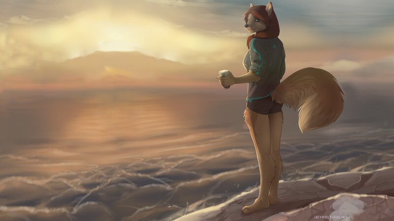 Anthropomorphic Fox Holding Coffee