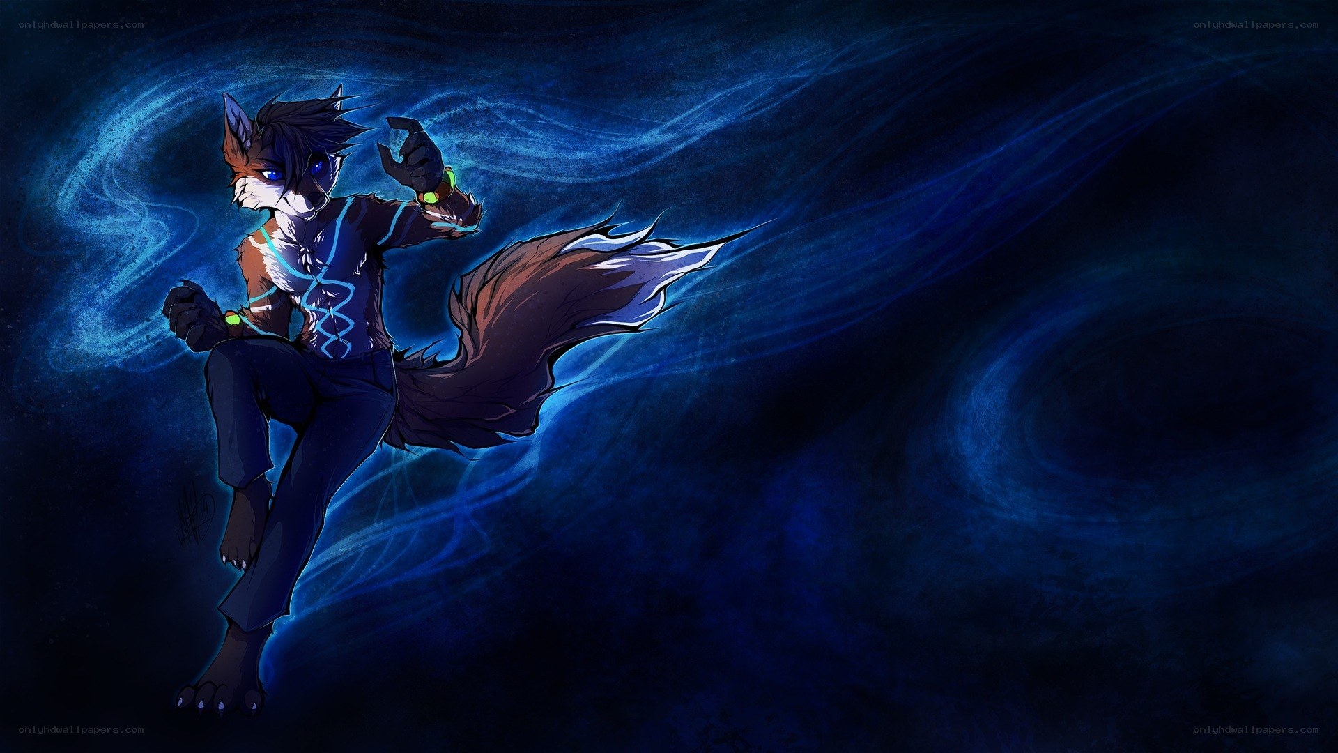 anthropomorphic fox in blue energy
