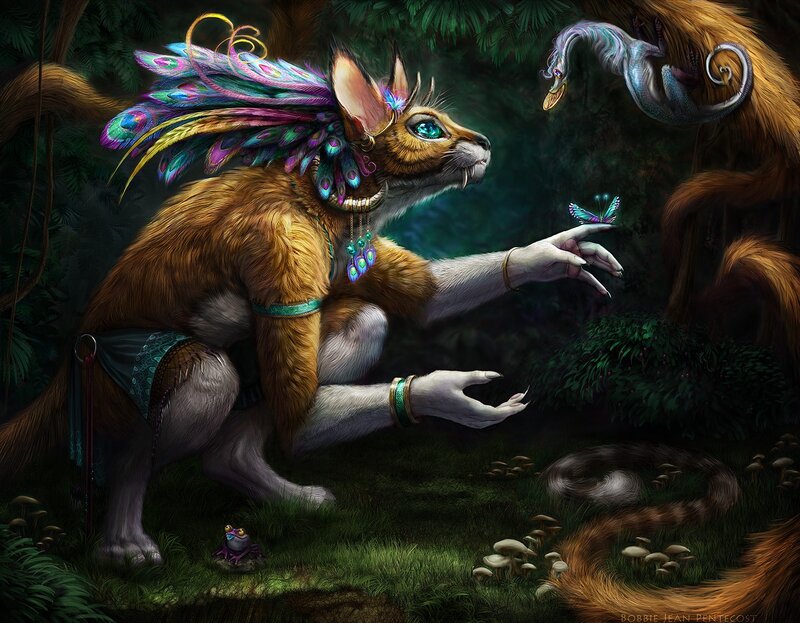 Anthropomorphic Fox with Feathers — Green