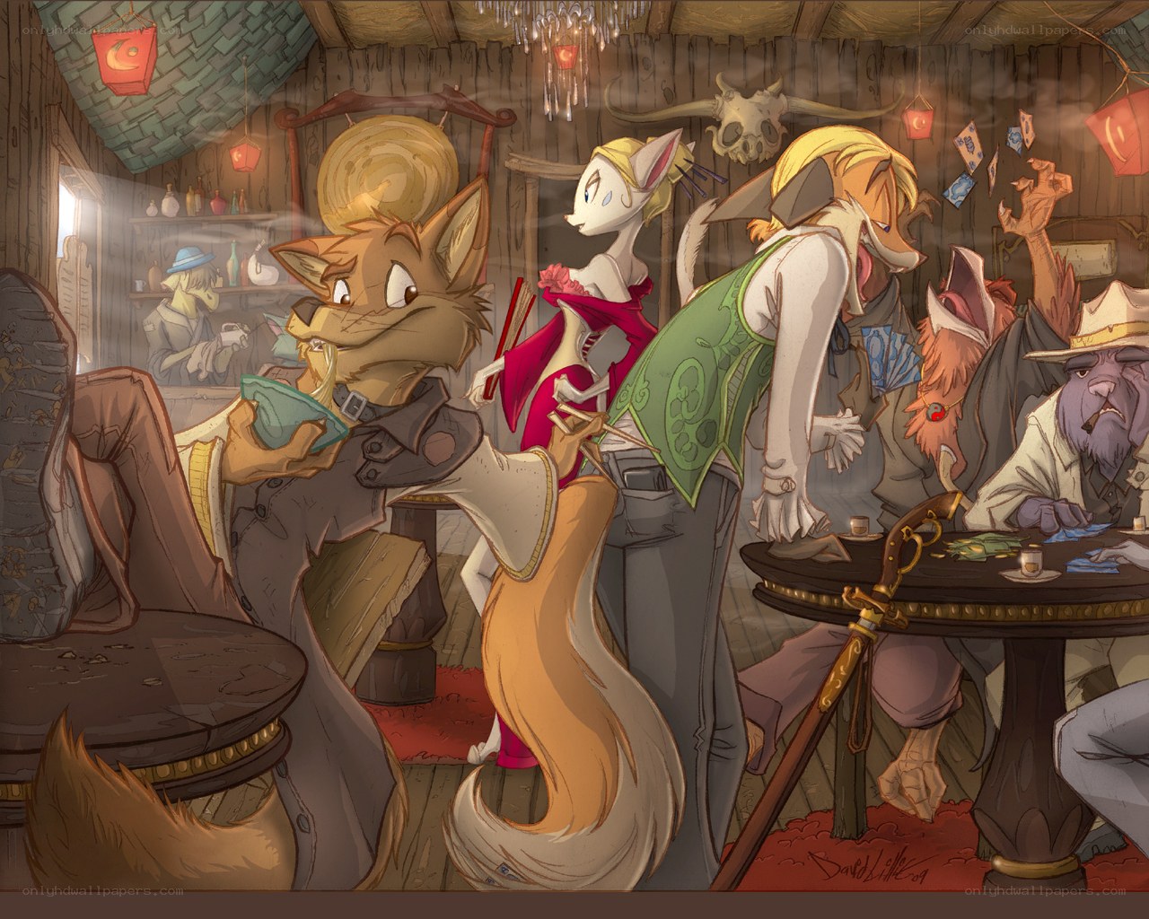 anthropomorphic foxes in a tavern
