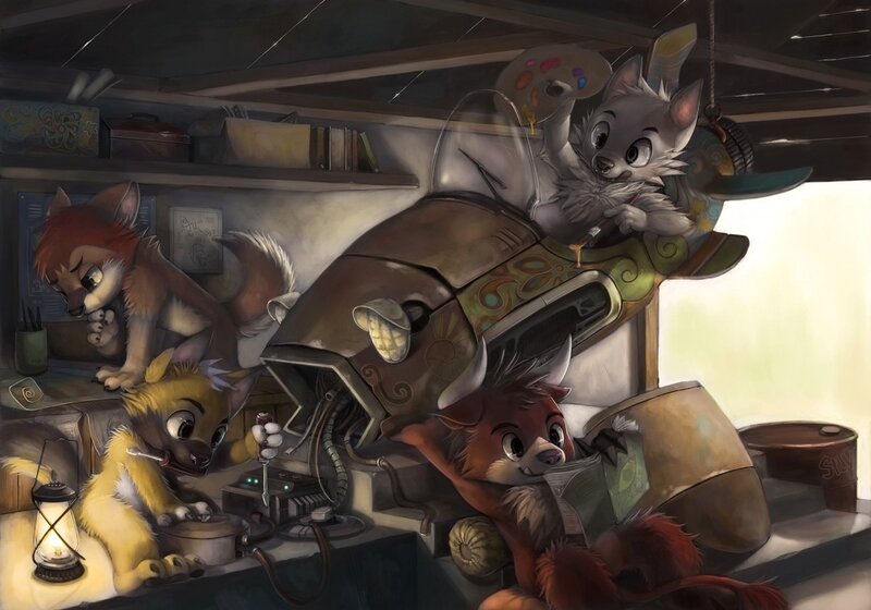 Anthropomorphic Foxes in Workshop