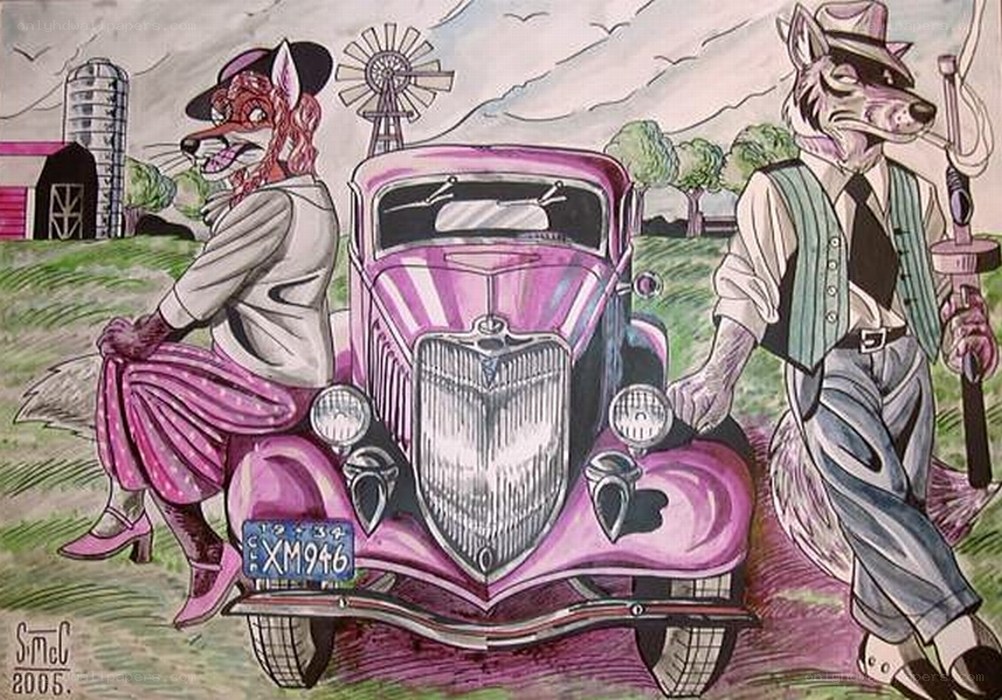 anthropomorphic foxes with vintage car