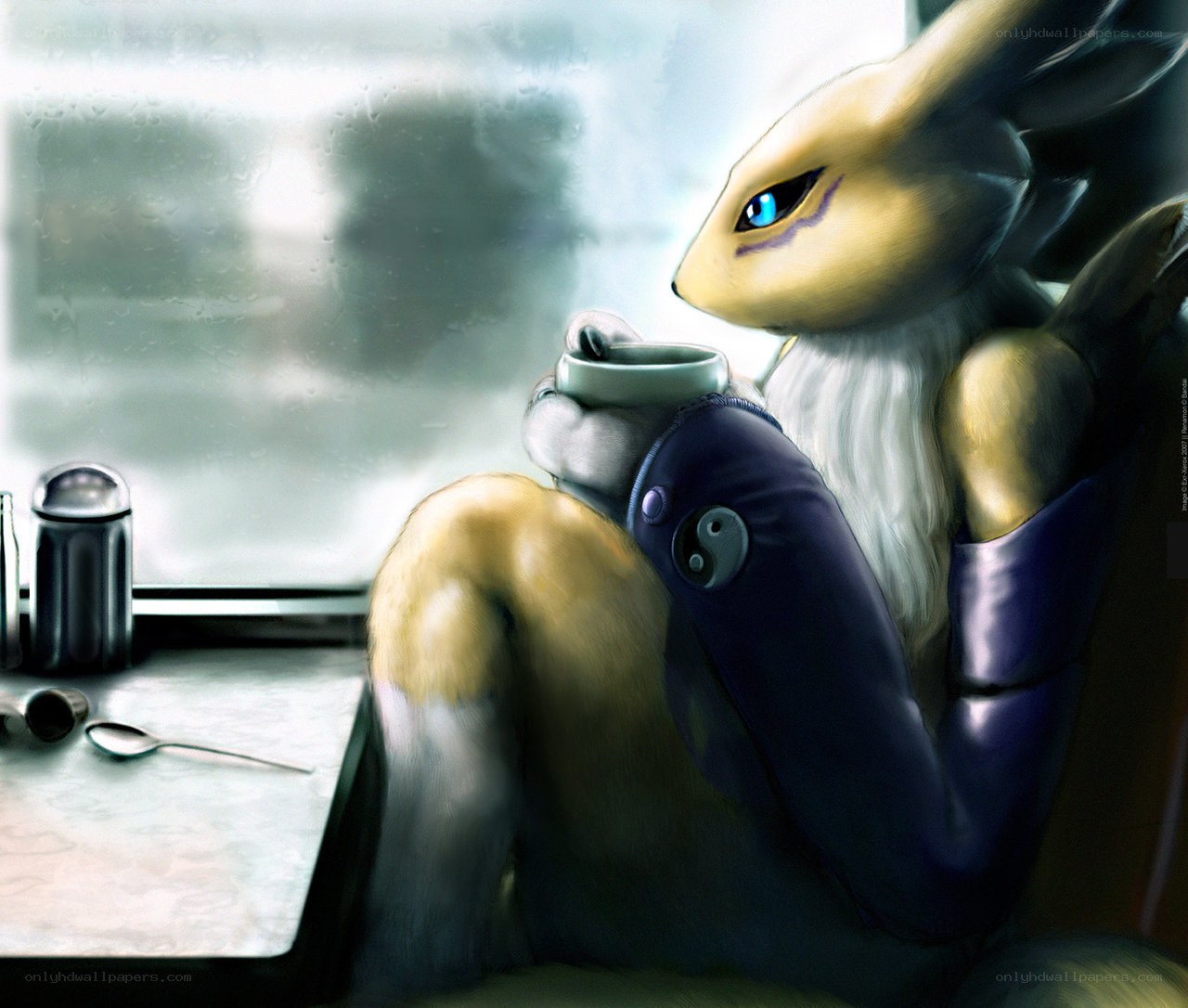 anthropomorphic rabbit drinking coffee
