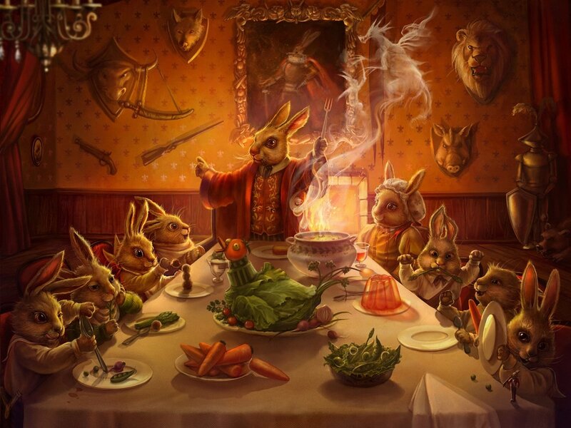 Anthropomorphic Rabbits at Dinner