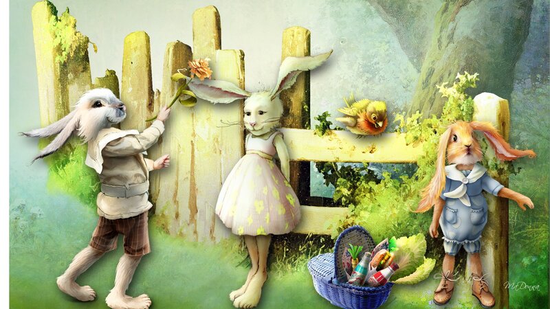 Anthropomorphic Rabbits in Garden