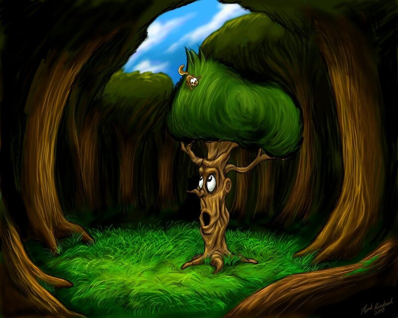 Anthropomorphic Tree in Forest — Green, Whimsical, Afternoon