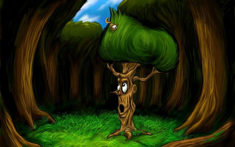 Anthropomorphic Tree in Forest — Green, Whimsical