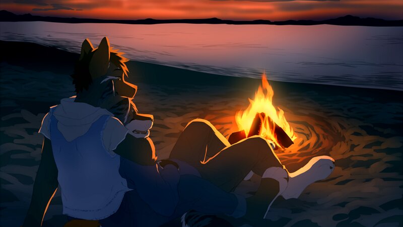 Anthropomorphic Wolf at Campfire
