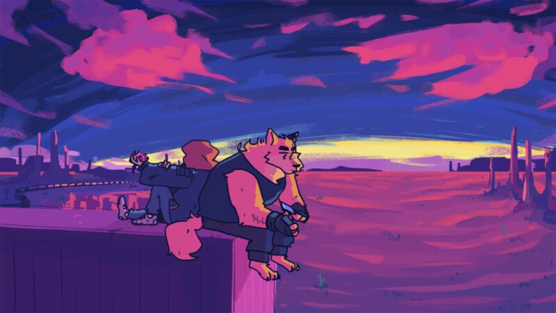 Anthropomorphic Wolf Character — Purple, Dramatic, Sunset