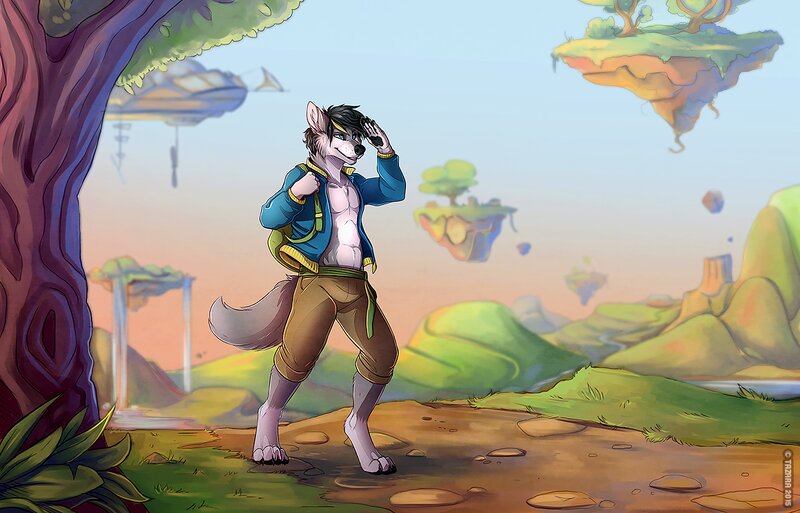 Anthropomorphic Wolf — Green, Serene, Sunset