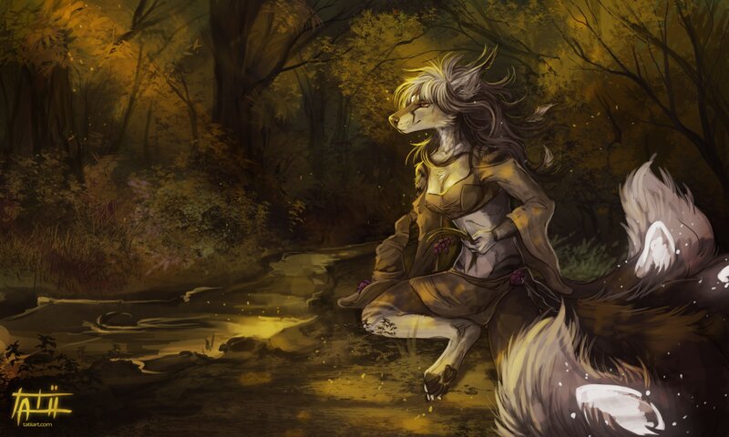 Anthropomorphic Wolf in Forest — Yellow