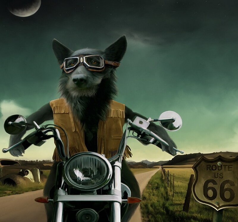 Anthropomorphic Wolf on Motorcycle