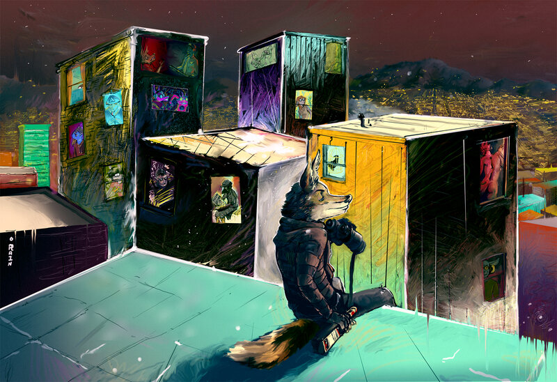 Anthropomorphic Wolf on Rooftop