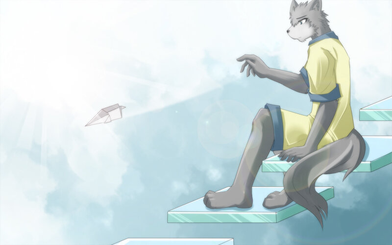 Anthropomorphic Wolf Sitting — Blue