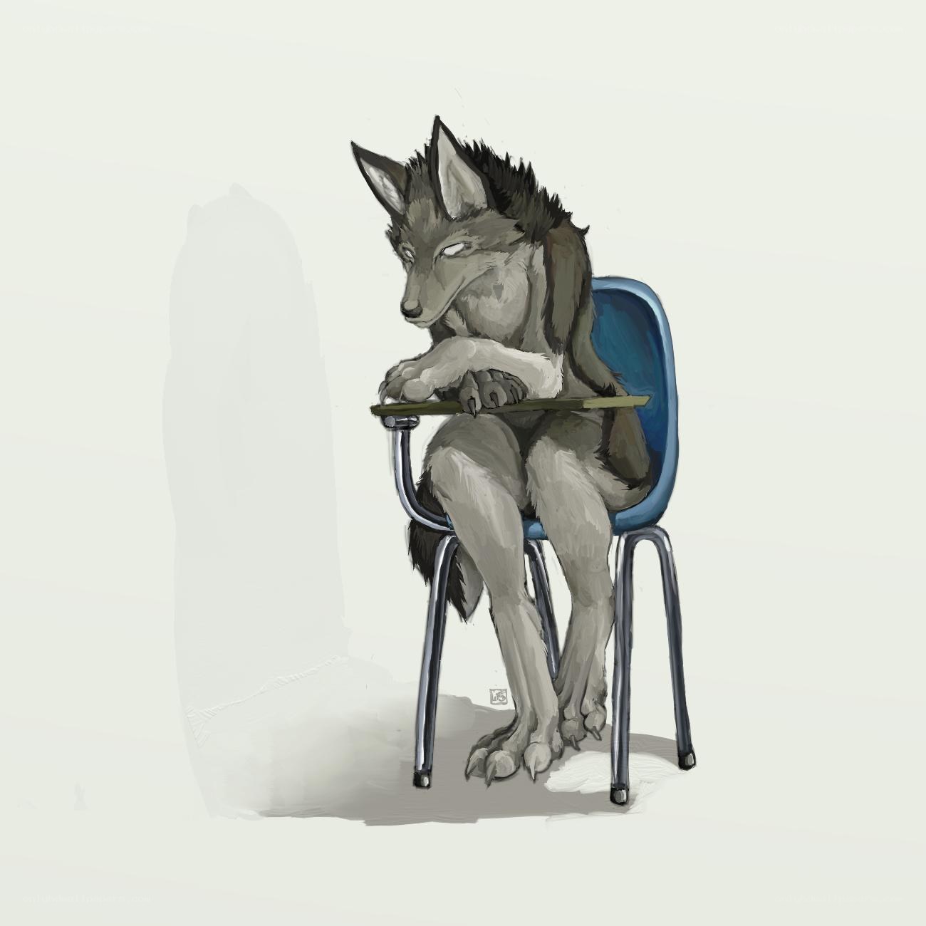 anthropomorphic wolf sitting on chair