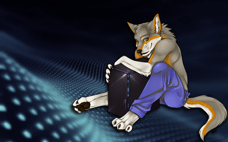 anthropomorphic wolf with computer