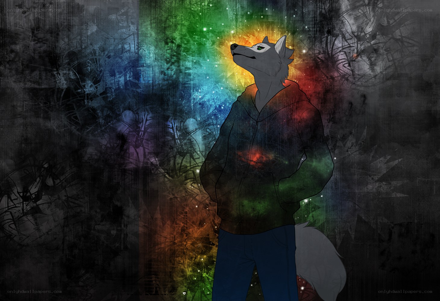anthropomorphic wolf with rainbow aura