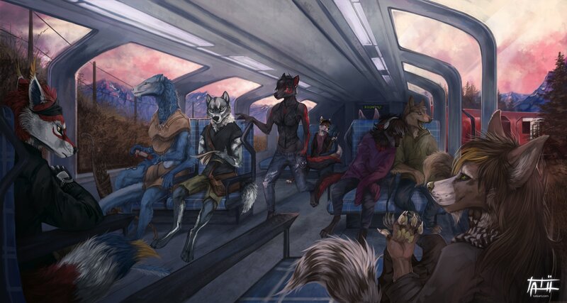Anthropomorphic Wolves on Train