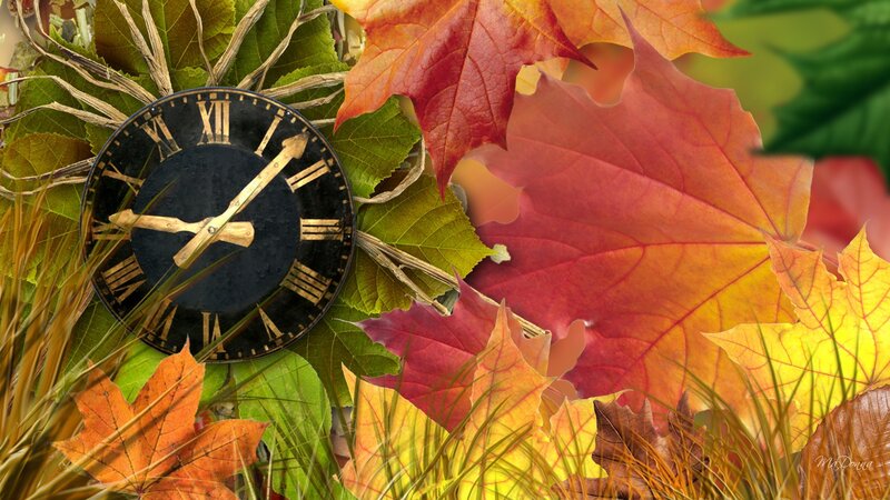 Antique Clock Among Autumn Leaves