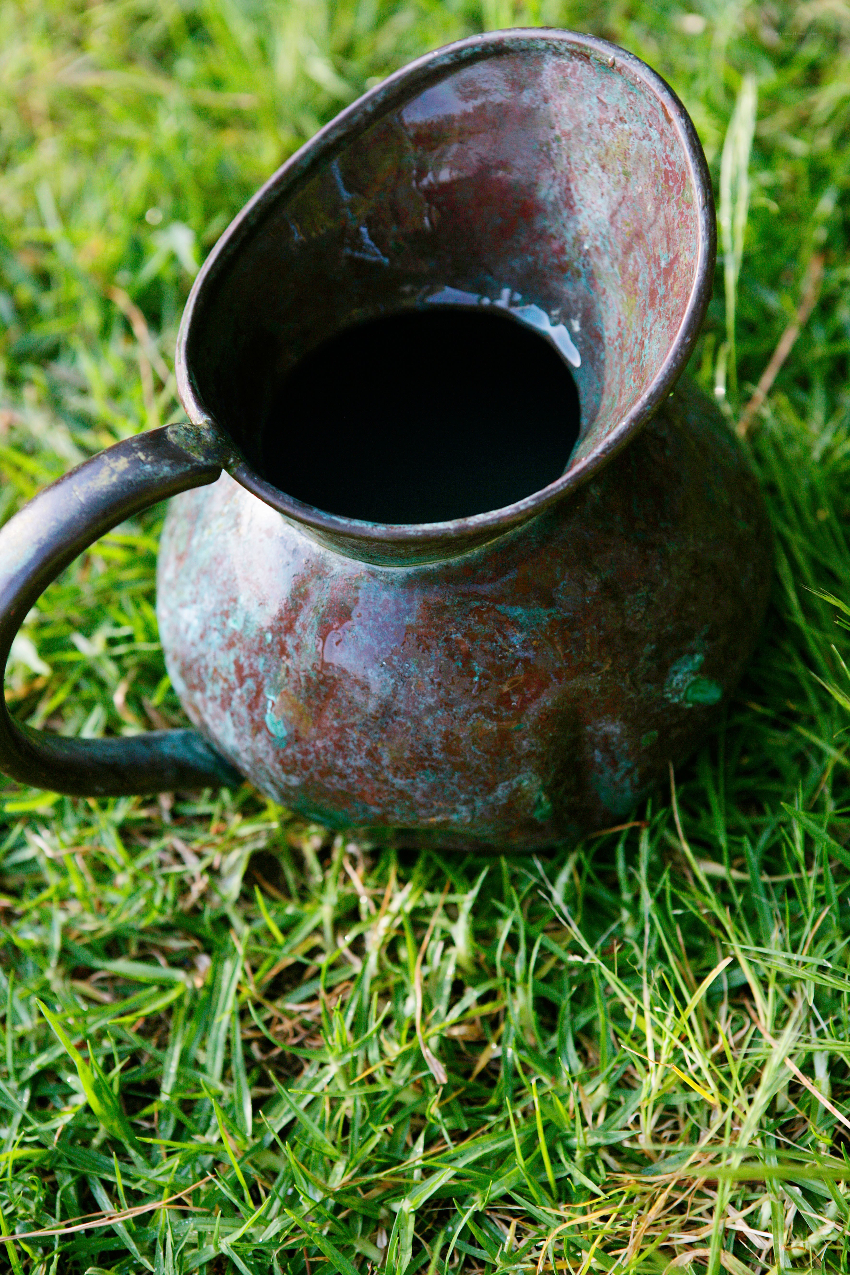 antique copper pitcher on grass