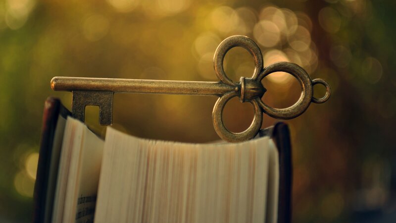 Antique Key on Book — Gold, Serene, Sunset