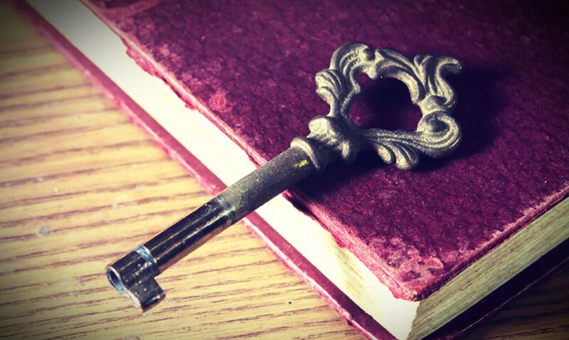 Antique Key on Book — Purple