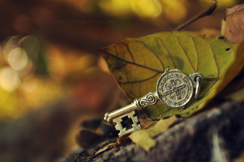 Antique Key on Leaf — Yellow