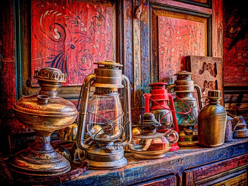 Antique Lamps on Shelf