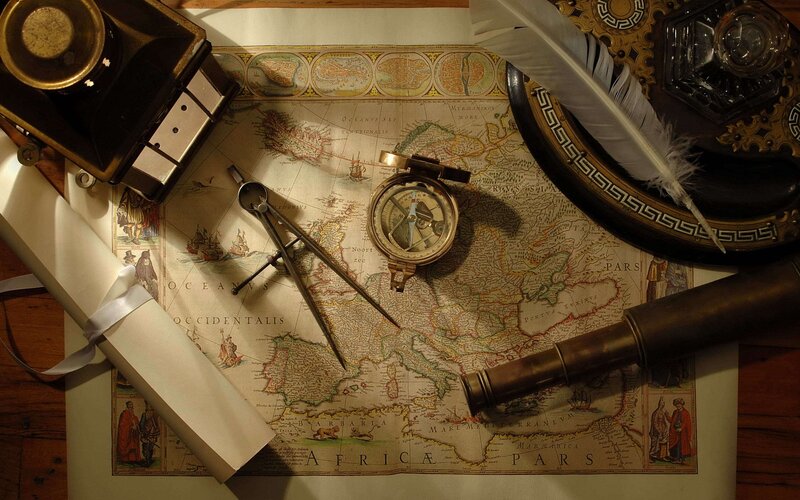 Antique Map with Tools — Brown, Dramatic, Photograph, Compass