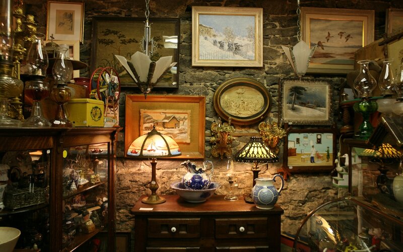 Antique shop interior with lamps and decor